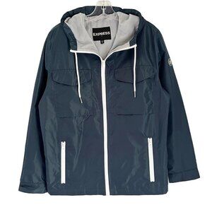 Express Mens Windbreaker Track Jacket S Navy Blue Hooded Full Zip Up Performance